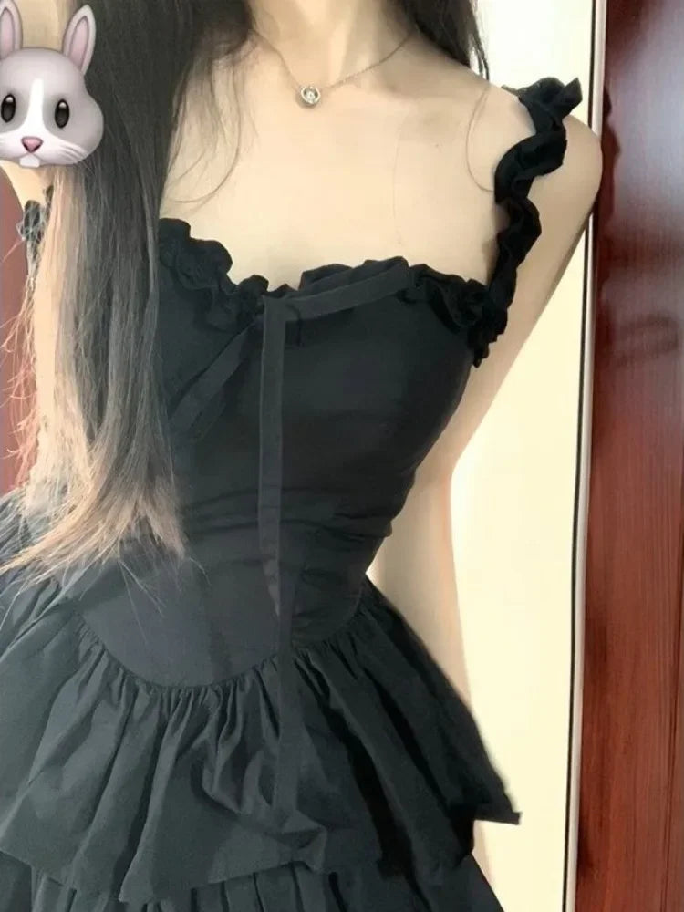 Hrajuku Goth Lolita Kawaii Cute Black Ruffles Soft Girl Y2K Coquette Fashion Cake Party Short Dress Budget-friendly mini dresses Hrajuku Goth Lolita Kawaii Cute Black Ruffles Soft Girl Y2K Coquette Fashion Cake Party Short Dress Budget-friendly mini dresses