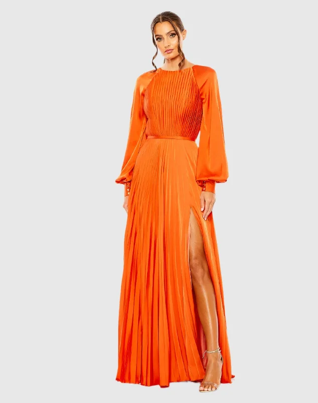 Orange Pleated High Neck Raglan Long Sleeve Side Slit Gown Elegant Bridal Gown
