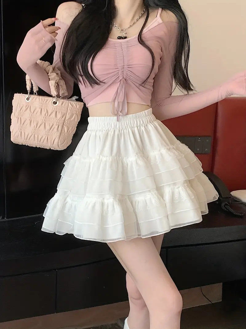 Elastic Waist Lace Decor Tiered Mini Tutu Skirt Simple Mini Skirt