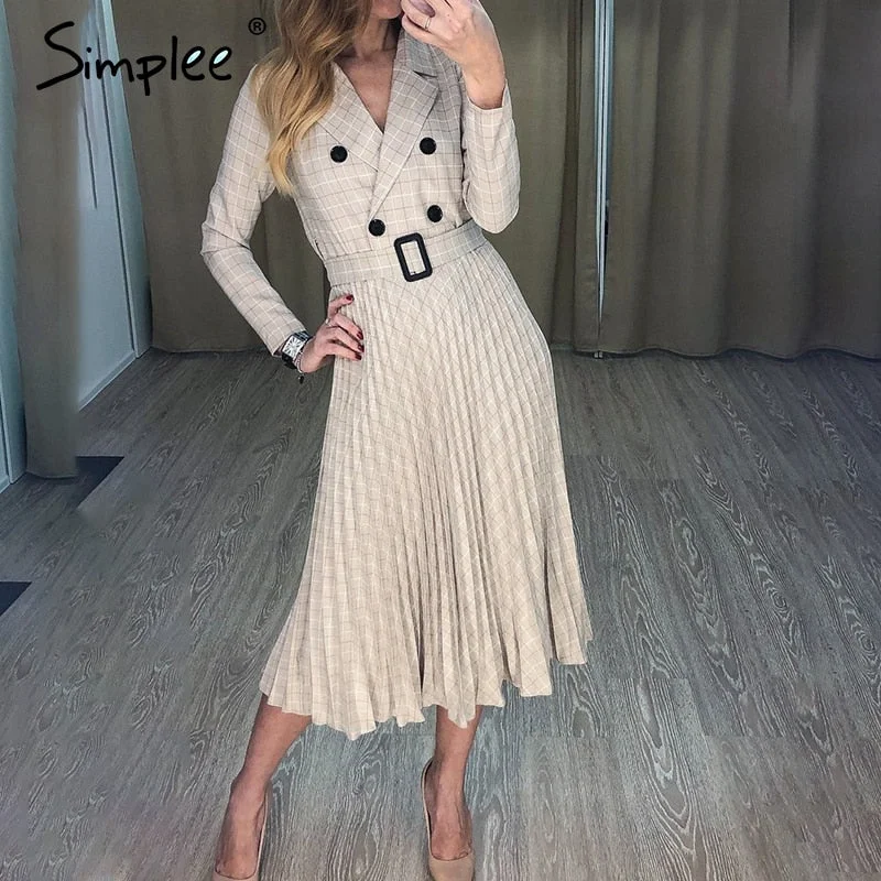 pleated belt plaid Vintage dress Cotton unclassified dresses