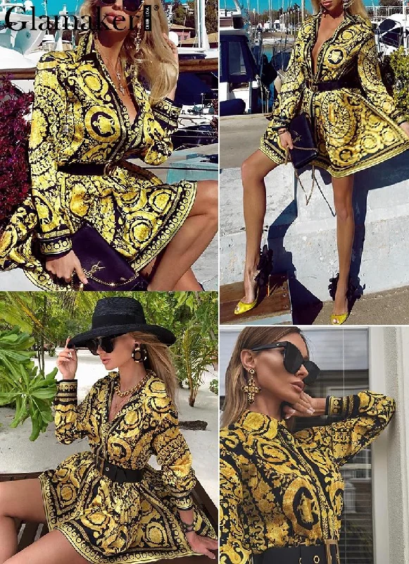 Sexy paisley vintage gold dress Bright color unclassified dresses