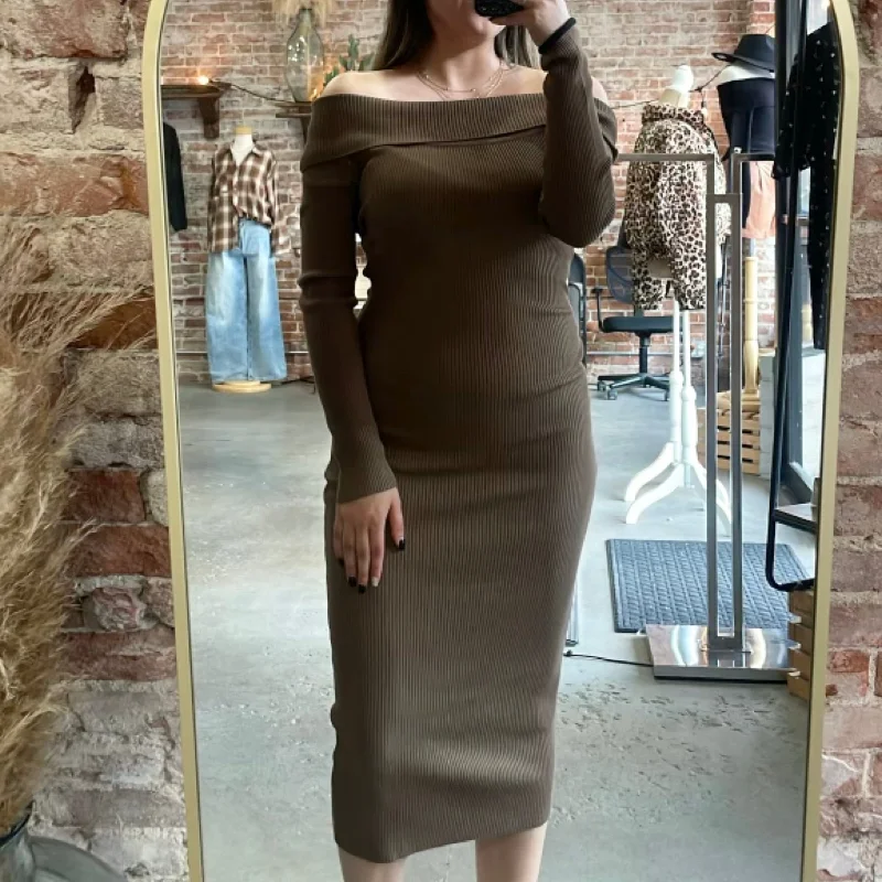 Won Me Over Fold Over Off The Shoulder Dress Brown Halter unclassified dresses