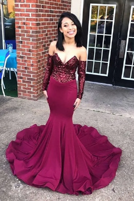 Chic Off-the-Shoulder Appliques Prom Party Gowns| Chic V-neck Long Sleevess Prom Gown Full Maxi Skirt Chic Off-the-Shoulder Appliques Prom Party Gowns| Chic V-neck Long Sleevess Prom Gown Full Maxi Skirt
