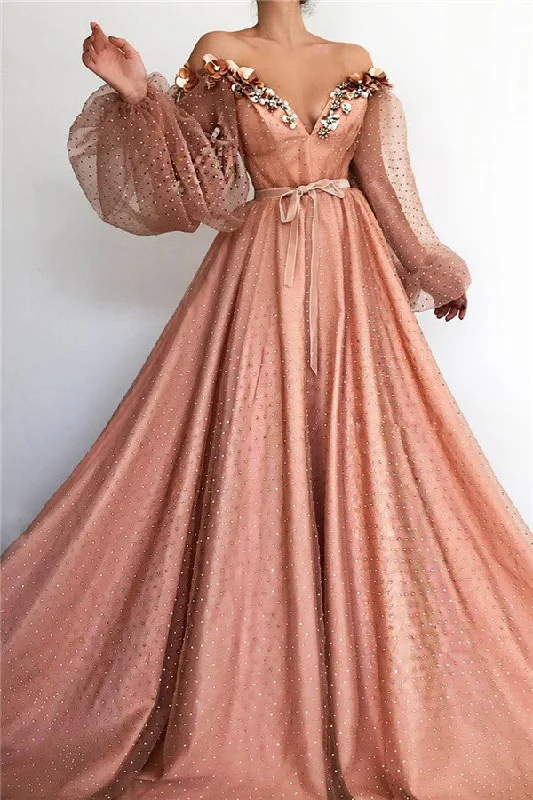 Chic Off-the-Shoulder V-neck Long Tulle Beading Long Sleevess Prom Party Gowns High-Waisted Maxi Skirt Chic Off-the-Shoulder V-neck Long Tulle Beading Long Sleevess Prom Party Gowns High-Waisted Maxi Skirt
