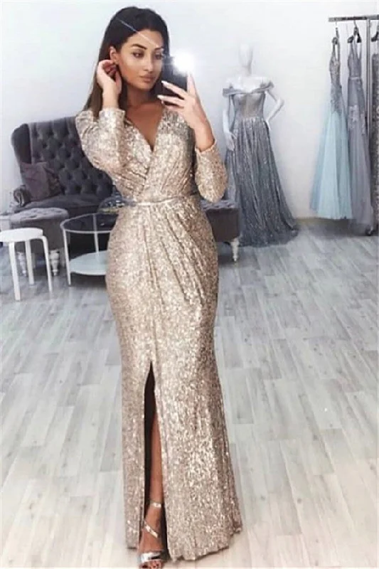 Chic V-Neck Long Sleevess Front Slipt Mermaid Prom Party Gowns Maxi Skirt Trend