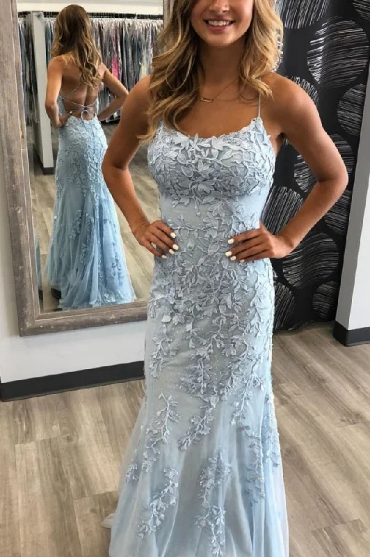 Elegant Sky Blue Spaghetti Strap Lace Applique Simple Long Prom Party Gowns Summer Floral Maxi Elegant Sky Blue Spaghetti Strap Lace Applique Simple Long Prom Party Gowns Summer Floral Maxi