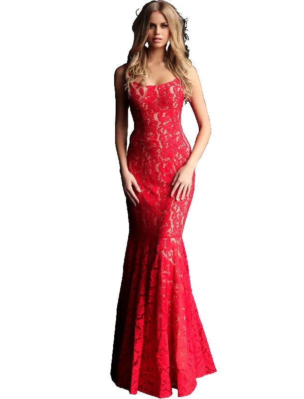 Jovani Red Embellished Lace Open Back Prom Dress Lace Dress Twirl