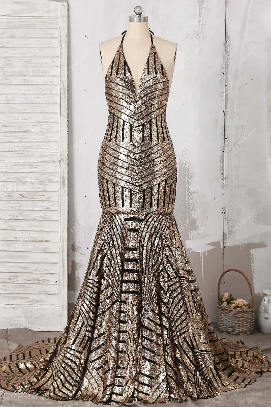 Black Base Gold Sequin Halter Backless Prom Dress Sequin Dress Style