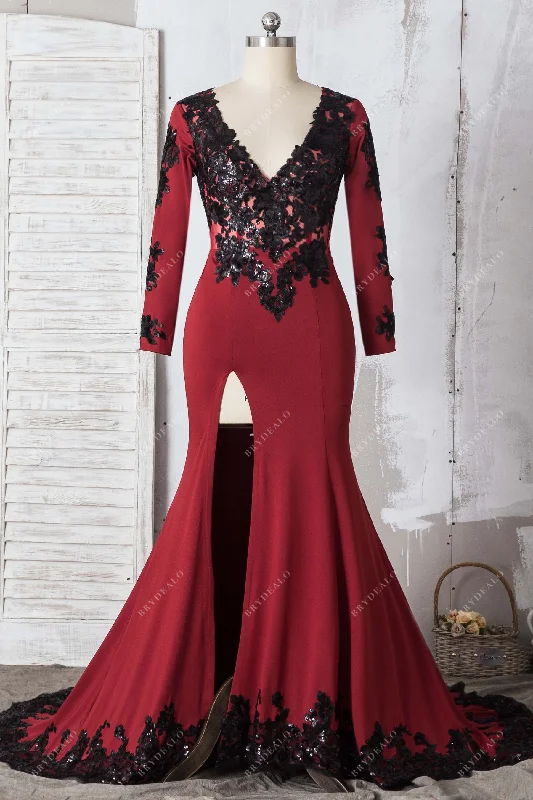 Burgundy Jersey with Black Sequin Slit Prom Dress Sequin Dress Look