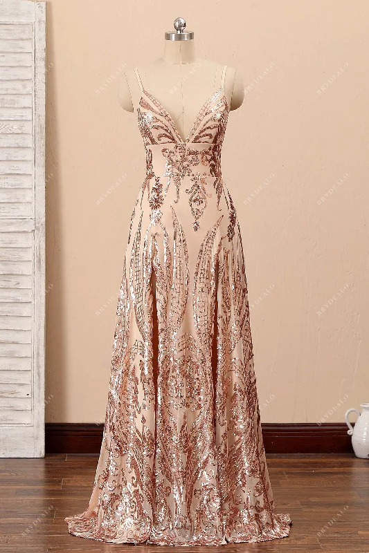 Champagne Gold Sequin V-neck A-line Double-Slit Prom Gown Sequin Dress Sexy