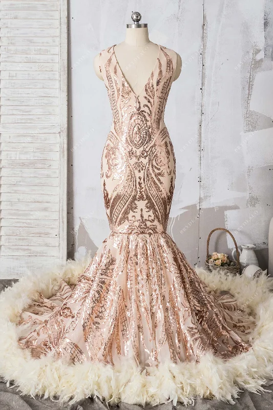 Champagne Unique Sequin and Feather Trumpet Prom Dress Elegant Sequin Dress