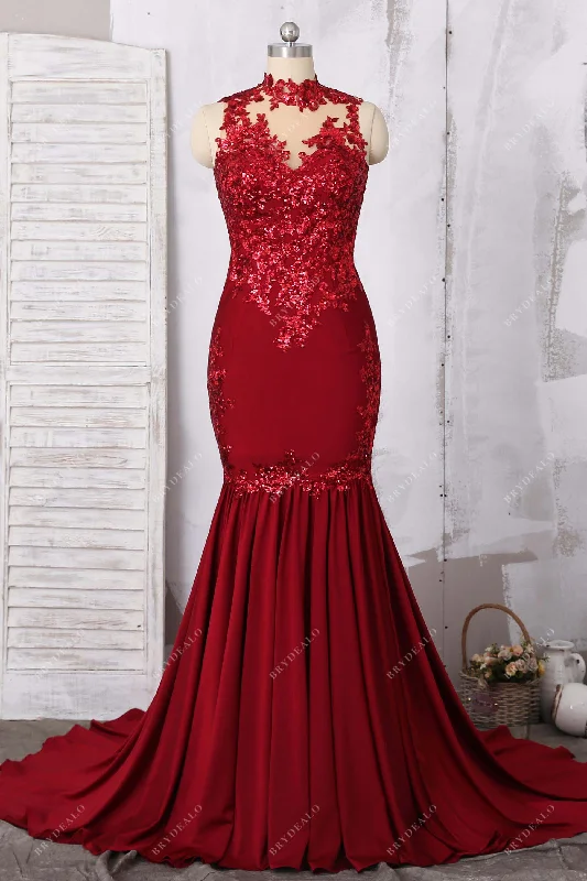 Fancy Dark ruby Sequin Jersey Mermaid Prom Dress Pink Sequin Gown