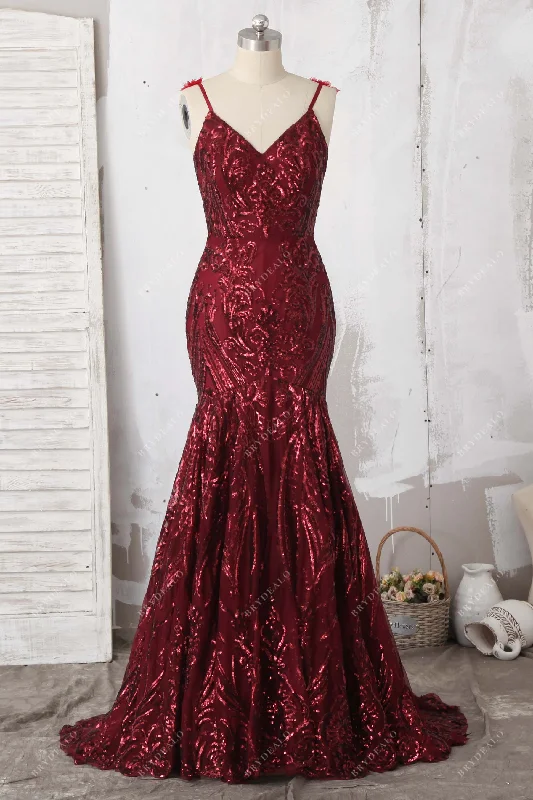 Flower Burgundy Sequin Mermaid Prom Dress Sequin Bodycon Dress