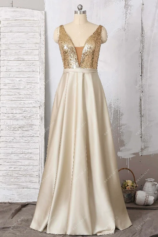 Gold Sequin Satin Plunge Prom Dress with Pockets Lush Sequin Dress