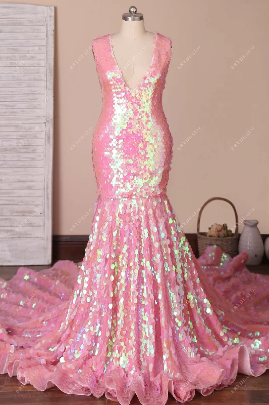 Pink Big Sequin Plunging Neck Mermaid Prom Dress Sequin Dress Night