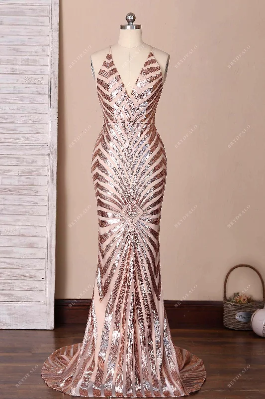 Rose Gold Spider Web Sequin Low Back Prom Dress Party Wear Sequin