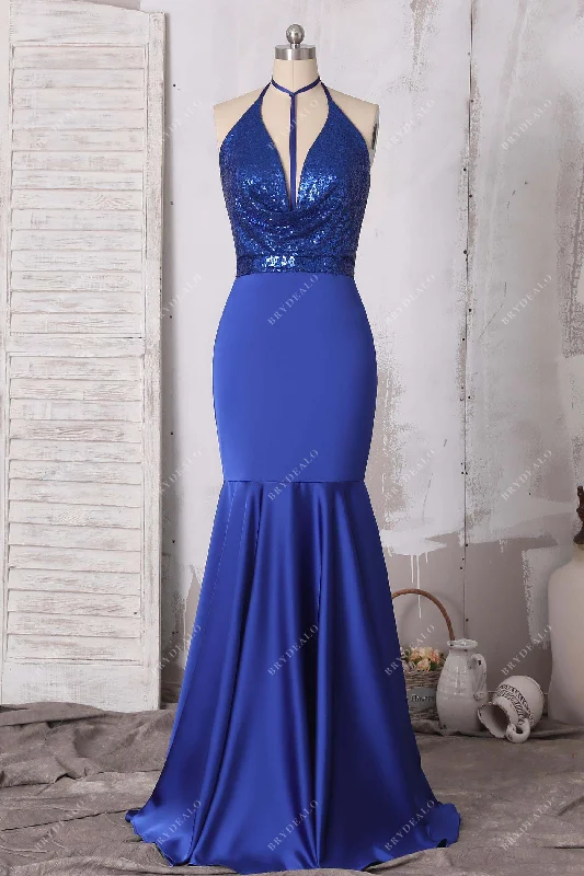 Royal Blue Sequin Satin Halter Cowl Neck Prom Dress Sequin Dress Trend