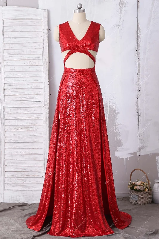 Sexy Cut-out Red Sequin Double-slit Prom Dress Sexy Sequin Gown