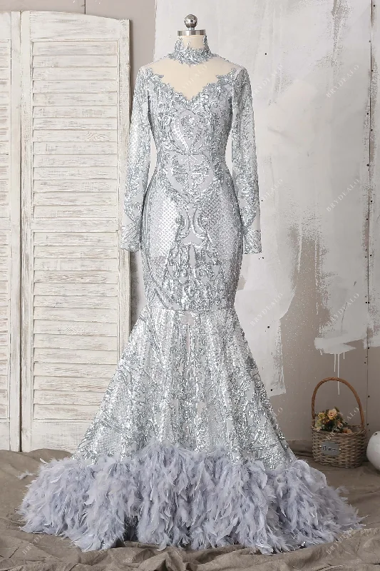 Silver Sequin Feather Train Mermaid Prom Dress Black Sequin Dress
