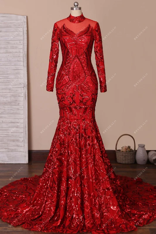Sparkly Ruby Unique Sequin High Neck Mermaid Prom Dress Ruffled Sequin Dress