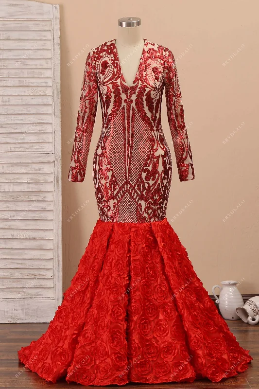 Unique Geometric Sequin and 3D Rose Trumpet Red Prom Gown Sequin Shift Dress