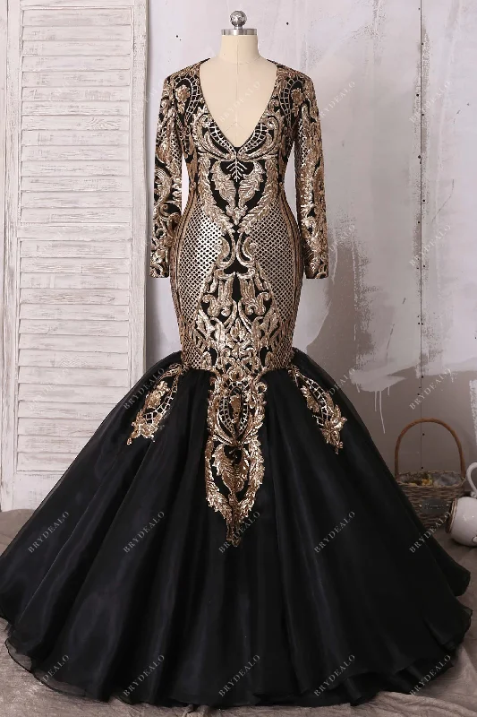 Unique Gold Sequin Black Organza Trumpet Prom Dress Colorful Sequin Dress