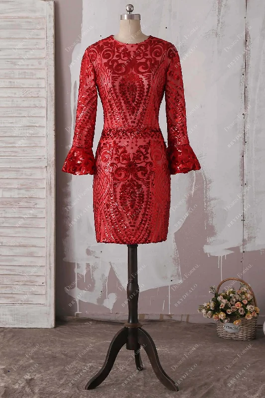 Unique Pattern Sequin Bell Sleeves Cocktail Dress Modern Sequin Gown