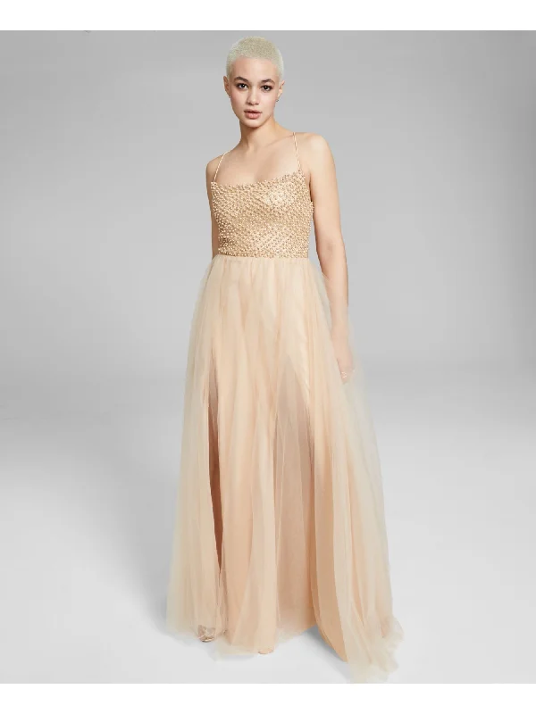 SAY YES TO THE PROM Womens Gold Embellished Zippered Strappy Back Lined Tulle Sleeveless Scoop Neck Full-Length Prom Gown Dress Tulle Party Gown SAY YES TO THE PROM Womens Gold Embellished Zippered Strappy Back Lined Tulle Sleeveless Scoop Neck Full-Length Prom Gown Dress Tulle Party Gown